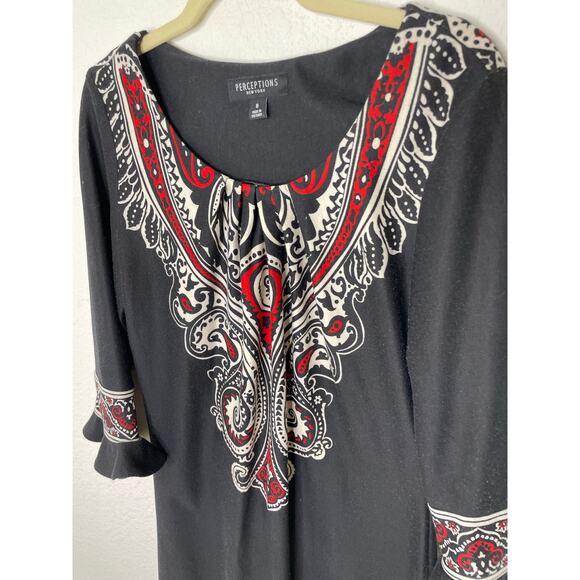 Perceptions New York Flare Long Sleeve Pattern Dress Knee Length Modest Dress - Picture 3 of 6